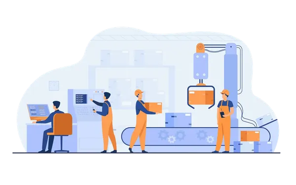Ilustración de una línea de producción con operarios, brazo robótico y cajas en una fábrica