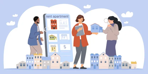 Ilustración de personas ante un móvil con anuncios «rent apartment» y casas alrededor