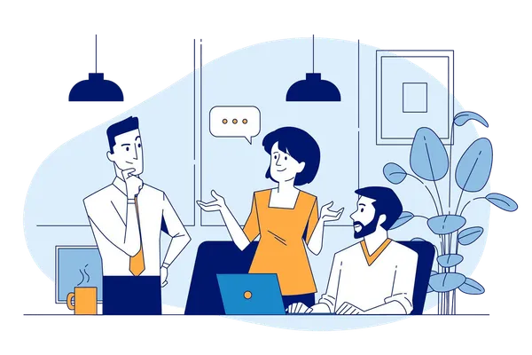 Ilustración de tres colegas conversando en una oficina junto a un escritorio con laptop