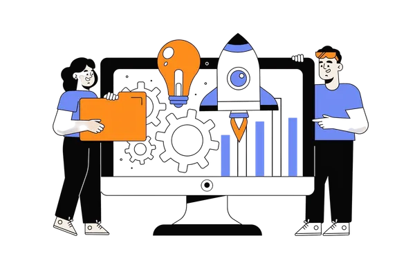 Ilustración de dos personas junto a un monitor con un cohete, engranajes y una bombilla