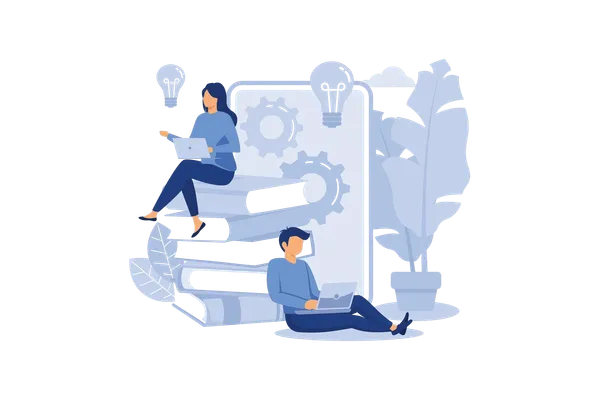 Ilustración de dos personas con laptops entre libros apilados, bombillas y engranajes