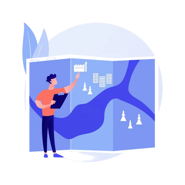 Ilustración de una persona con portapapeles señalando una fábrica en un mapa desplegado