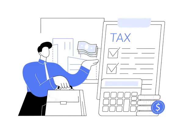 Ilustración de un empresario ante una lista «TAX» con calculadora, monedas y billetes