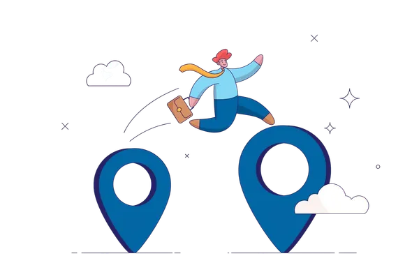 Ilustración de una persona con maletín saltando de un marcador de mapa a otro