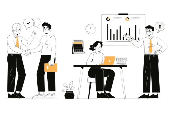 Ilustración de personas de negocios: un apretón de manos, una mujer con laptop y un hombre presentando gráficas