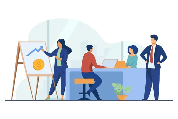 Ilustración de una mujer presentando una gráfica ascendente con símbolo de dólar a tres colegas