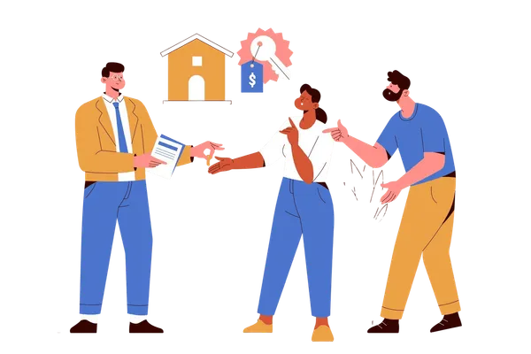 Ilustración de un agente entregando llaves a una pareja bajo el icono de una casa con etiqueta de precio