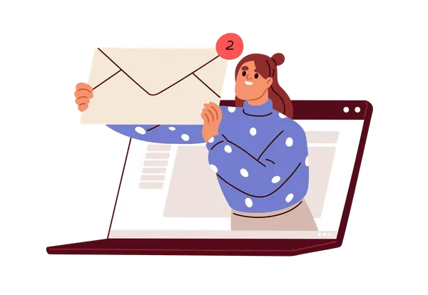 Ilustración de una mujer saliendo de la pantalla de una laptop con un sobre y aviso de 2 mensajes