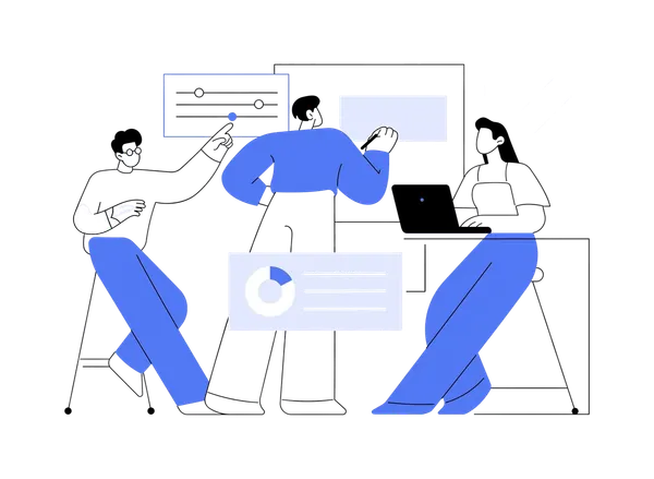 Ilustración de tres personas en una reunión con paneles de datos y una laptop