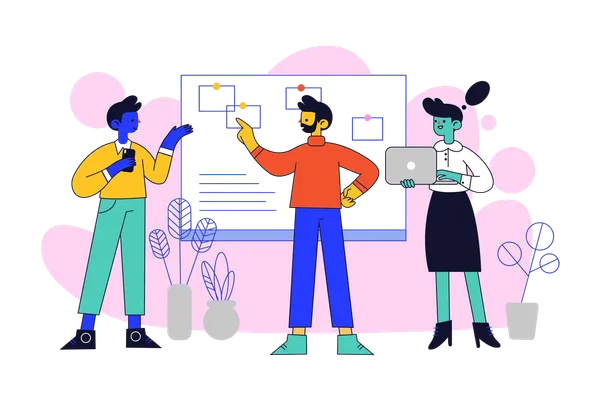 Ilustración de tres personas frente a un tablero con notas; una sostiene una laptop