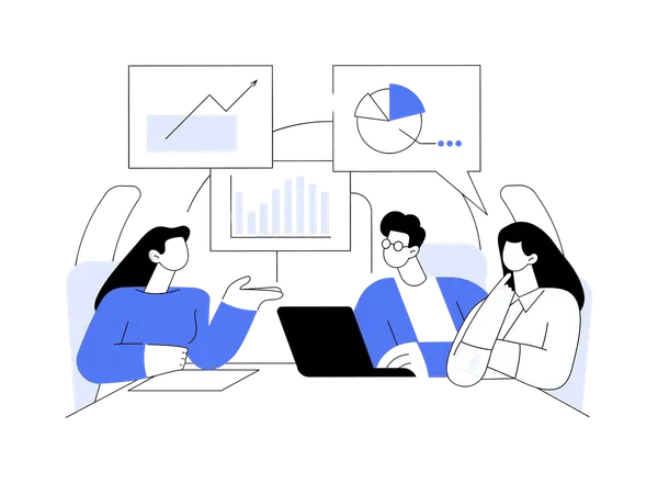 Ilustración de tres personas reunidas con una laptop y gráficas de líneas, barras y sectores