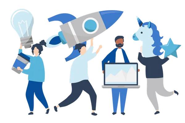 Ilustración de cuatro personas sosteniendo una bombilla, un cohete, una laptop y un unicornio