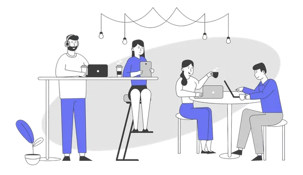Ilustración de personas trabajando con laptops y café en mesas de una cafetería