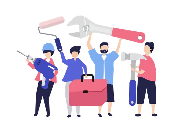 Ilustración de cuatro personas sosteniendo herramientas: taladro, llave inglesa, martillo y caja