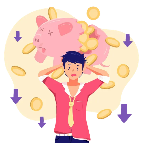 Ilustración de un hombre preocupado bajo una alcancía con monedas cayendo y flechas hacia abajo