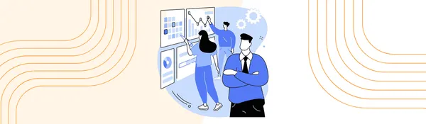 Ilustración panorámica de un equipo ante paneles de datos con líneas decorativas naranjas