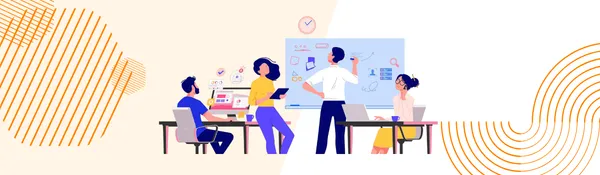 Ilustración panorámica de un equipo de oficina en una presentación frente a un tablero