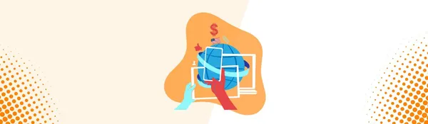 Ilustración de manos sosteniendo un globo terráqueo y una pantalla con símbolo de dólar