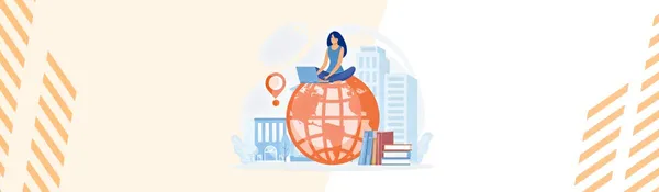 Ilustración de una mujer con laptop sentada sobre un globo terráqueo entre edificios y libros