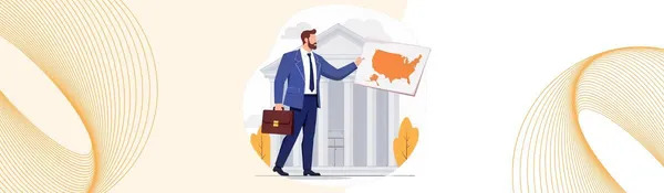Ilustración de un hombre de traje con maletín señalando un mapa de EE.UU. frente a un edificio con columnas