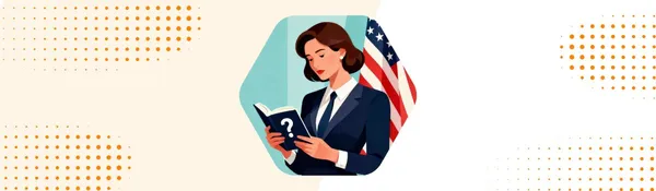 Ilustración de una mujer de traje leyendo un libro con un signo de interrogación, con la bandera de EE.UU. detrás