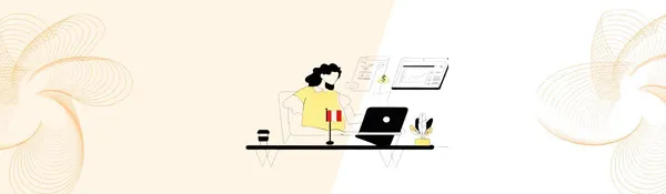 Ilustración de una mujer en un escritorio con laptop, café y paneles con símbolo de dólar y calculadora