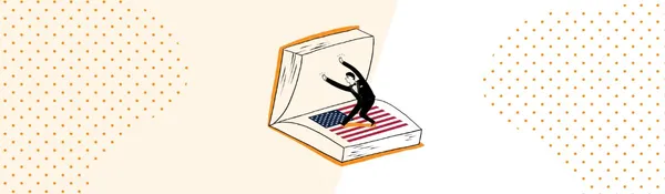 Ilustración de una persona saltando sobre un libro abierto cuyas páginas muestran la bandera de EE.UU.
