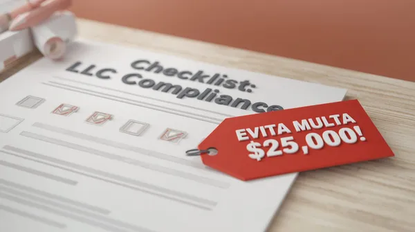 Hoja titulada «Checklist: LLC Compliance» con casillas marcadas y una etiqueta roja: «EVITA MULTA $25,000!»