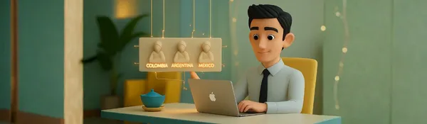 Personaje 3D trabajando en una laptop bajo carteles colgantes que dicen Colombia, Argentina y México
