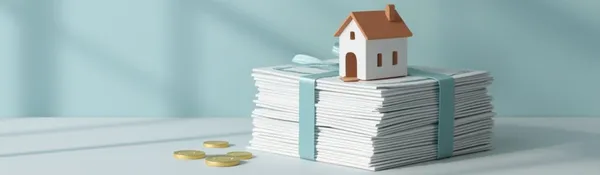 Casita de juguete sobre fajos de billetes atados, con unas monedas doradas al lado