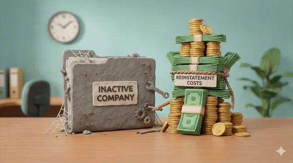 Carpeta gris con telarañas rotulada «Inactive Company» junto a fajos de billetes con el cartel «Reinstatement costs»