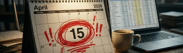 Calendario de escritorio de abril de 2026 con el día 15 marcado en rojo, junto a una taza de café y una laptop