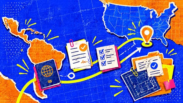 Collage de un mapa de América con pasaporte, listas de verificación y documentos sellados, y una ruta hacia EE.UU.