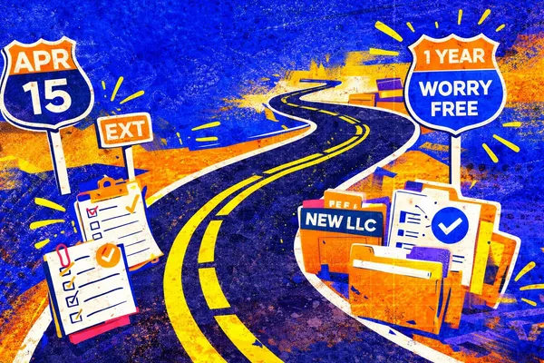 Ilustración de una carretera con señales «APR 15», «EXT» y «1 YEAR WORRY FREE», listas y carpetas «NEW LLC»