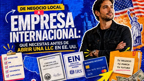 Portada «De negocio local a empresa internacional» con certificado de organización, tarjeta EIN y lista de requisitos