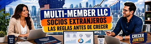Portada «Multi-Member LLC, socios extranjeros: las reglas antes de crecer» con dos profesionales y sus laptops
