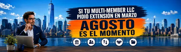 Portada «Si tu Multi-Member LLC pidió extensión en marzo, agosto es el momento», con un hombre ante su laptop