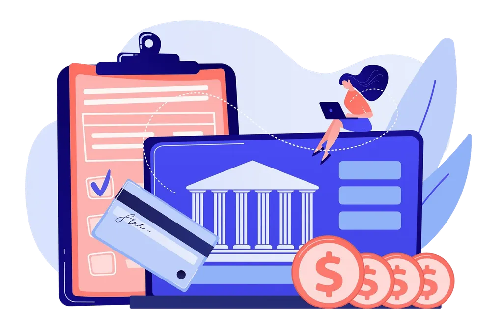Ilustración de una laptop con un banco en pantalla, tarjeta de crédito, formulario, monedas y una mujer con laptop