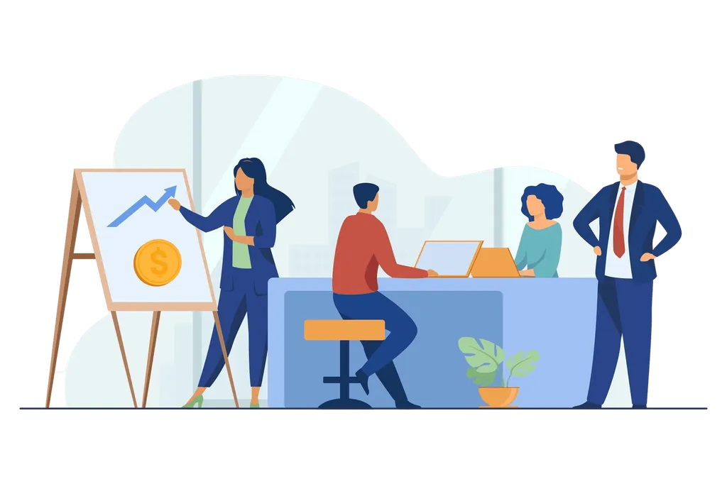 Ilustración de oficina: una mujer presenta un gráfico de crecimiento con una moneda a tres compañeros de trabajo