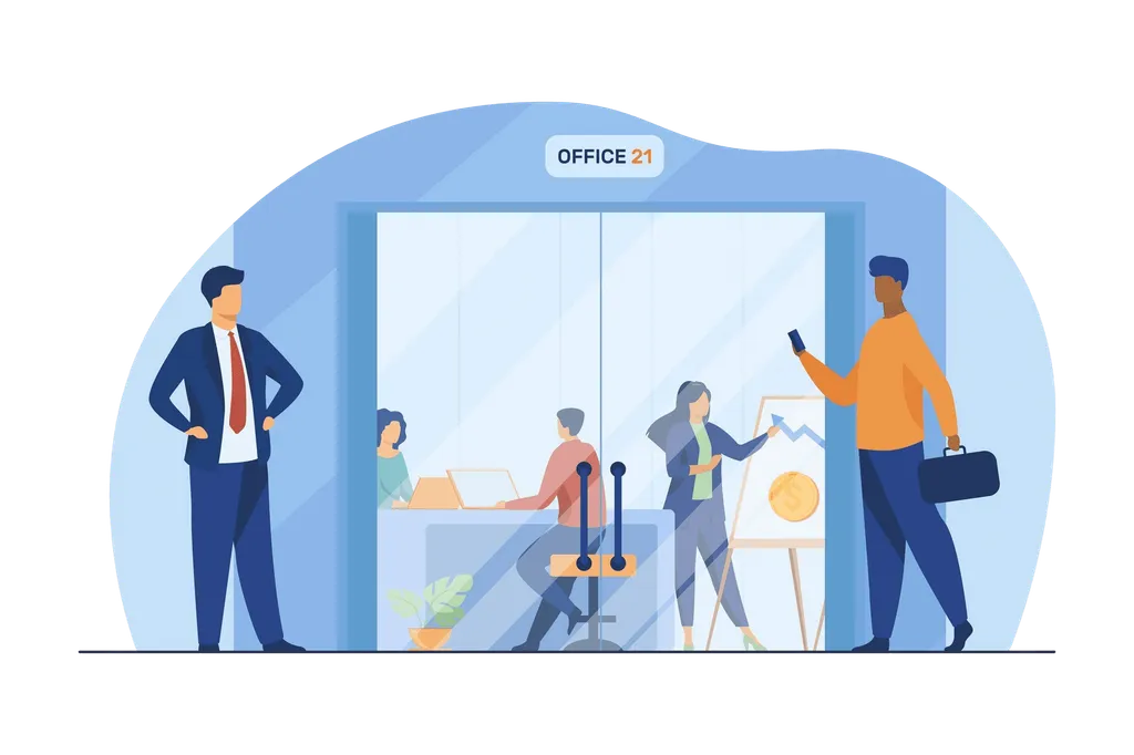 Ilustración de personas de negocios entrando por una puerta de cristal rotulada «Office 21» a una reunión
