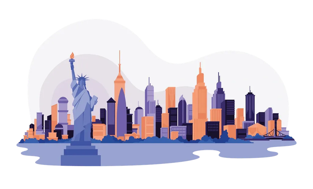 Ilustración del perfil urbano de Nueva York con la Estatua de la Libertad y rascacielos junto al agua