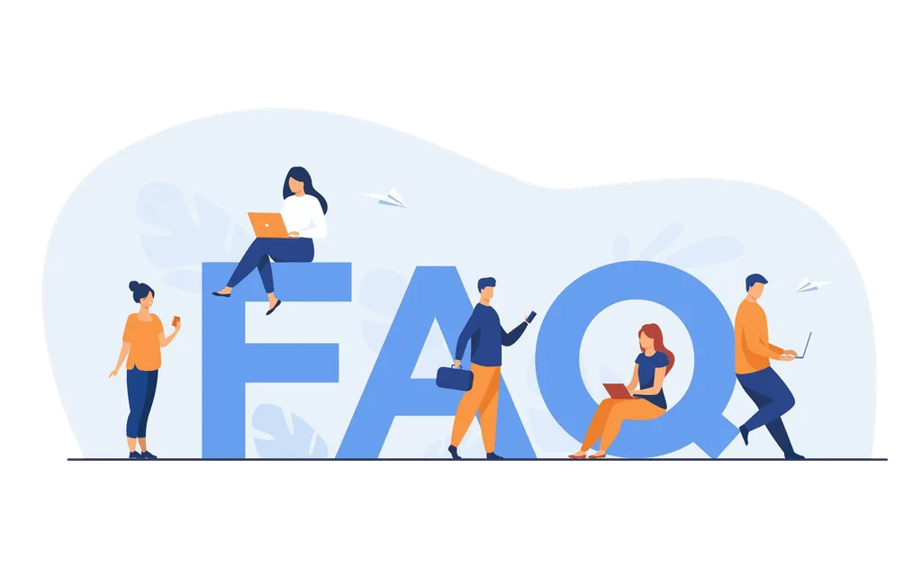 Ilustración de personas pequeñas con laptops y teléfonos alrededor de las letras gigantes «FAQ»