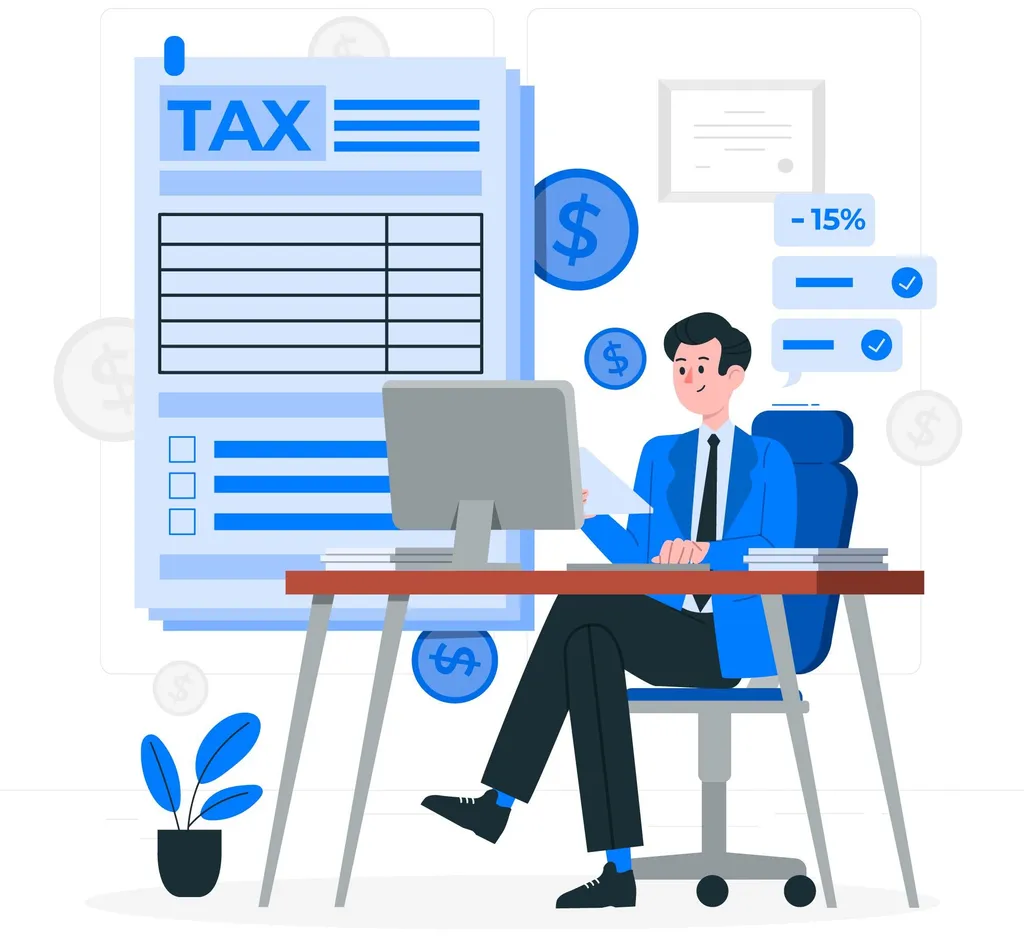 Ilustración de un hombre en su escritorio frente a un formulario gigante rotulado «TAX», con monedas de dólar